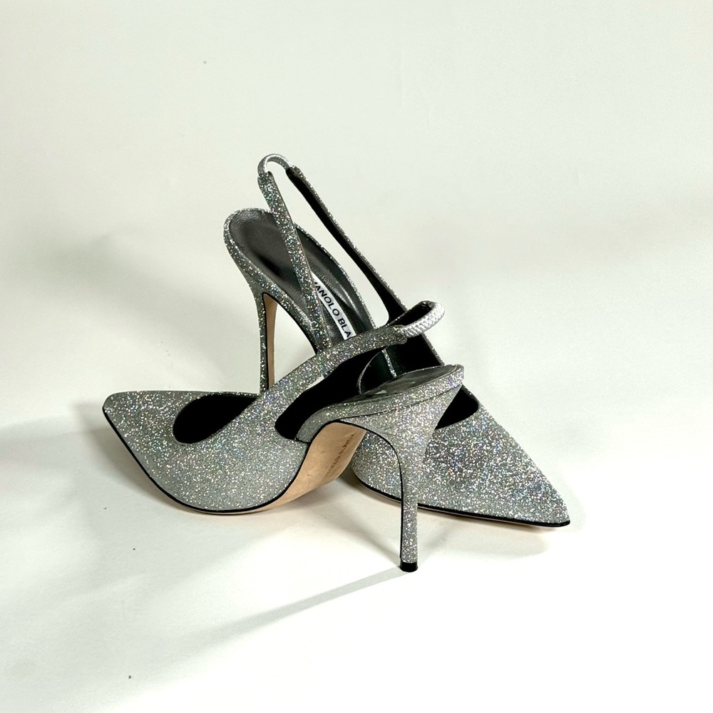 Manolo Blahnik Allura Glitter Slingback Pumps Silver Size 38 Pointed Toe Heels